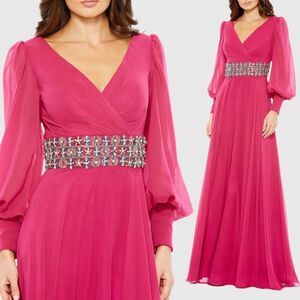 $598 Mac Duggal 79390 Size 14 Pink Long Bishop Sleeve Flowy Gown Long Maxi Dress